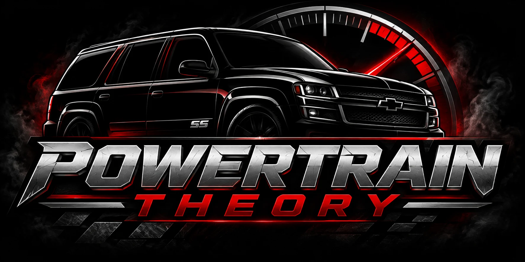 Powertrain Theory logo featuring a black Trailblazer SS, red tachometer, and metallic lettering